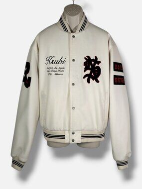 Ksubi Men's Ivory Leather Long Sleeve Stand Collar Playoff Varsity Jacket Size S